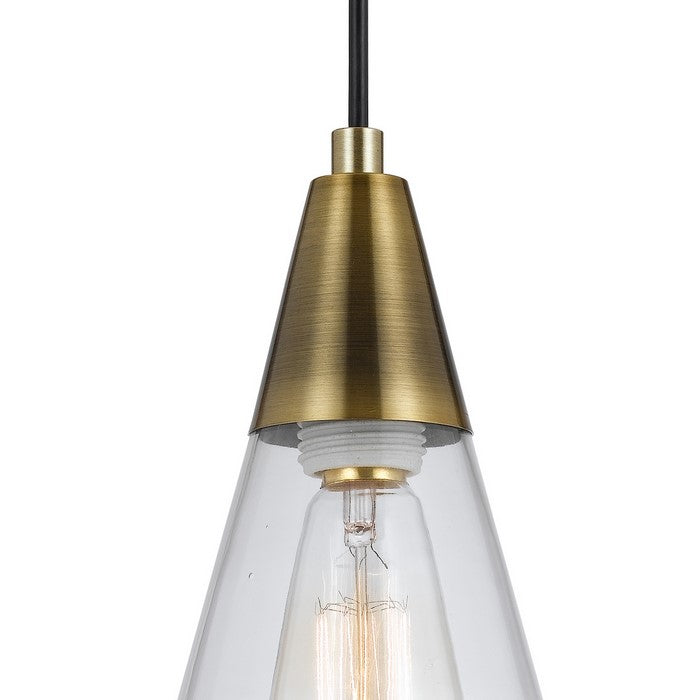 Conical Shaped Glass Pendant Lighting with Canopy and Brass Accent, Clear