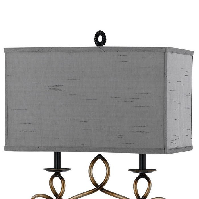 150W Table Lamp with Scrolled Resin Work and Fabric Shade, Gray and Black