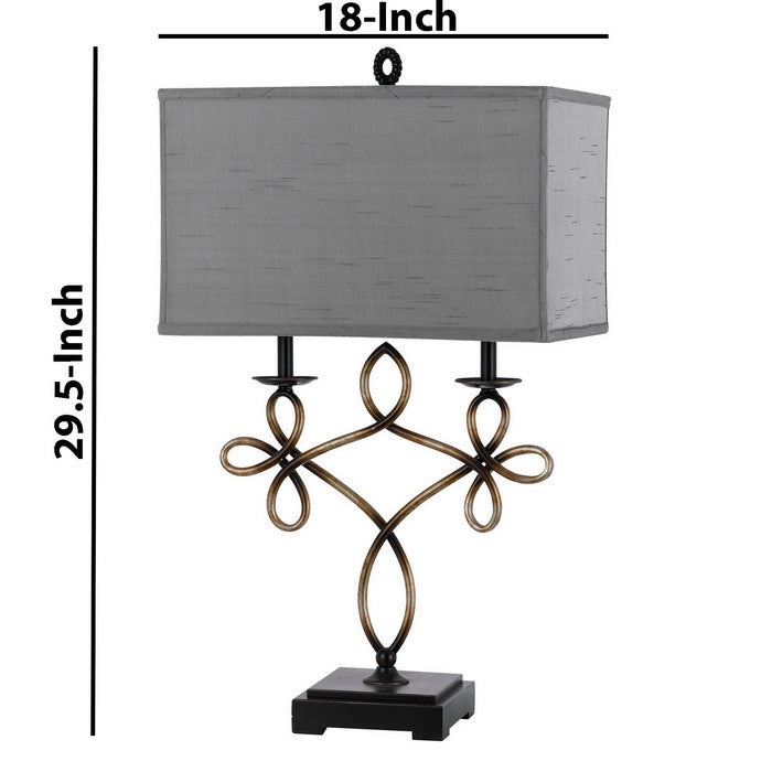 150W Table Lamp with Scrolled Resin Work and Fabric Shade, Gray and Black