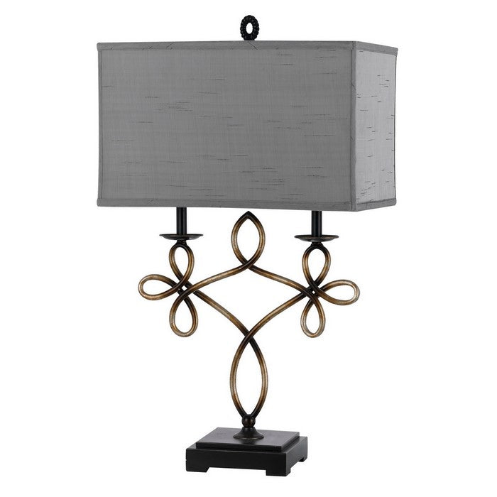 150W Table Lamp with Scrolled Resin Work and Fabric Shade, Gray and Black