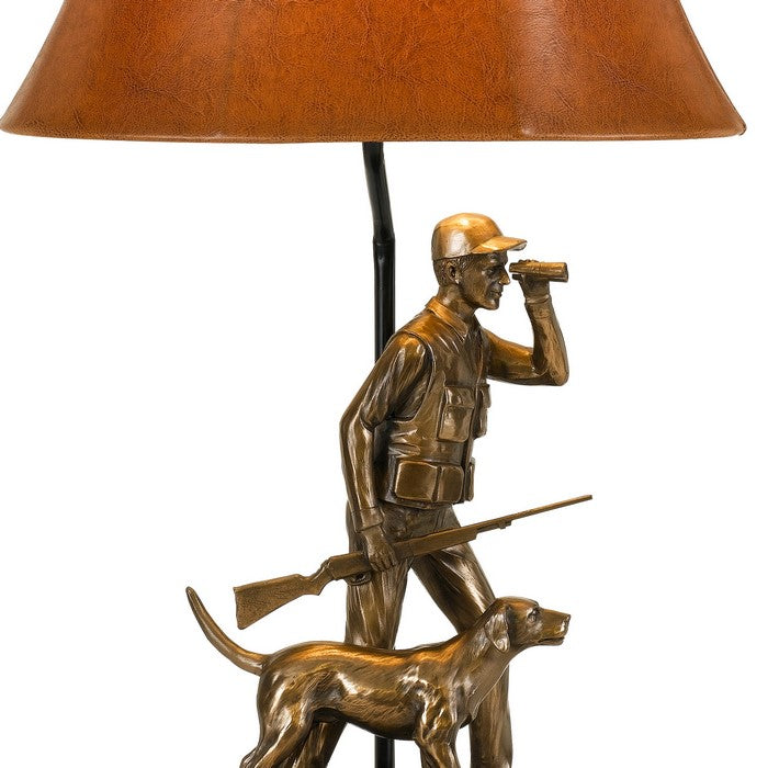 150 W Bell Shape Leatherette Shade Table Lamp with Hunter Resin Base, Brown