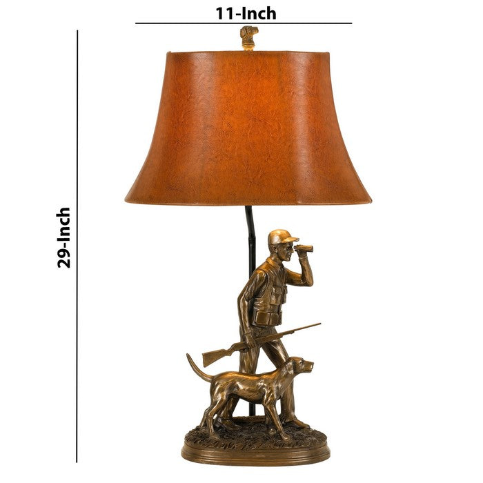 150 W Bell Shape Leatherette Shade Table Lamp with Hunter Resin Base, Brown