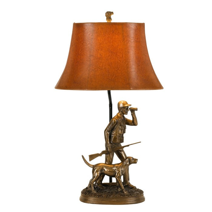 150 W Bell Shape Leatherette Shade Table Lamp with Hunter Resin Base, Brown