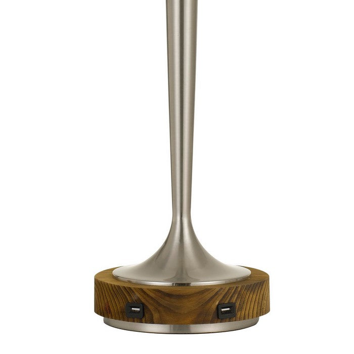 150W Metal Table Lamp with Oval Shade and 2 USB Outlets, White and Silver