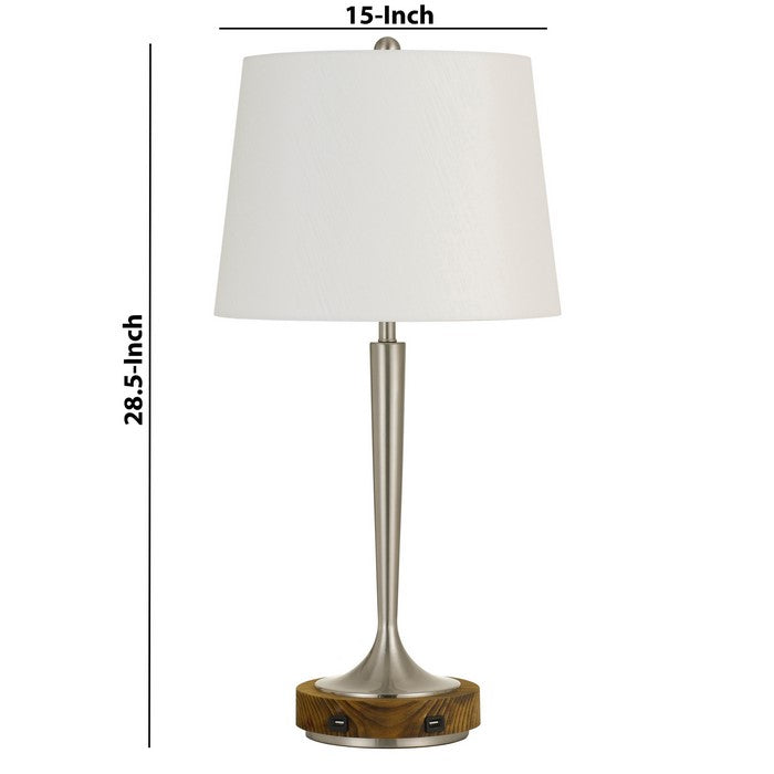 150W Metal Table Lamp with Oval Shade and 2 USB Outlets, White and Silver