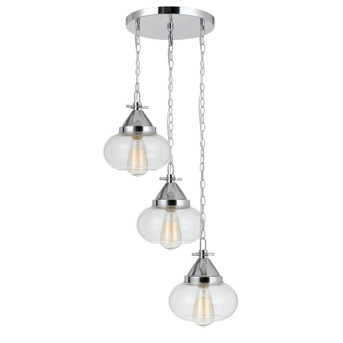 3 Bulb Wind Chime Design Pendant with Round Glass Shade and Chain, Silver