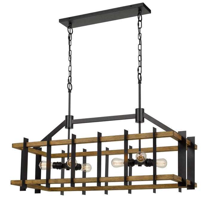 Rectangular Wooden Frame Chandelier with Metal Slats, Black and Brown