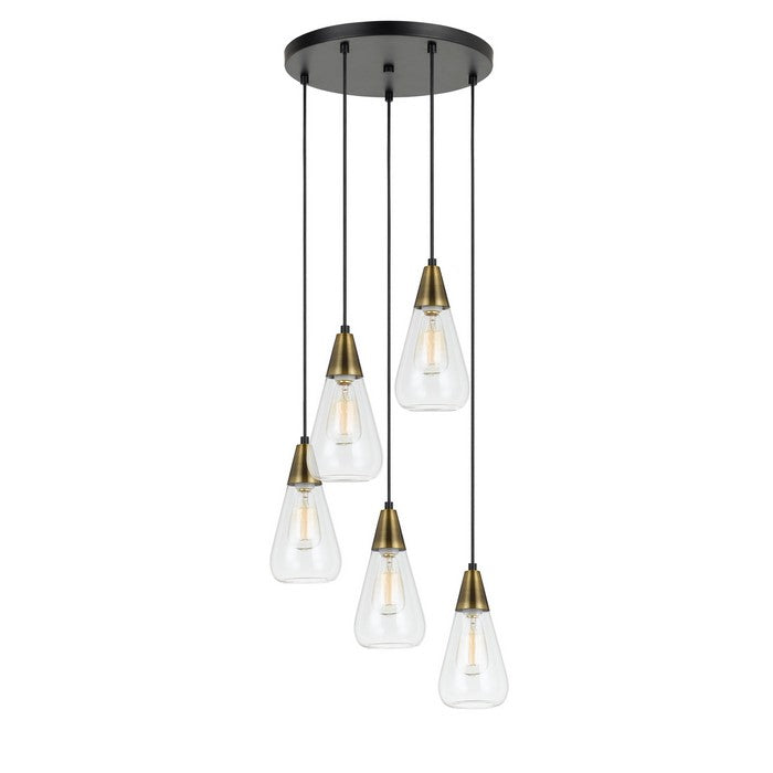 5 Conical Shaped Glass Pendant Lighting with Canopy and Brass Accent, Clear