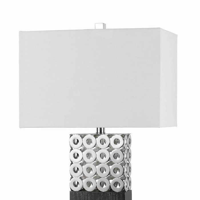 3 Way Rectangular Shade Table Lamp with Cut Out Metal Base,White and Chrome