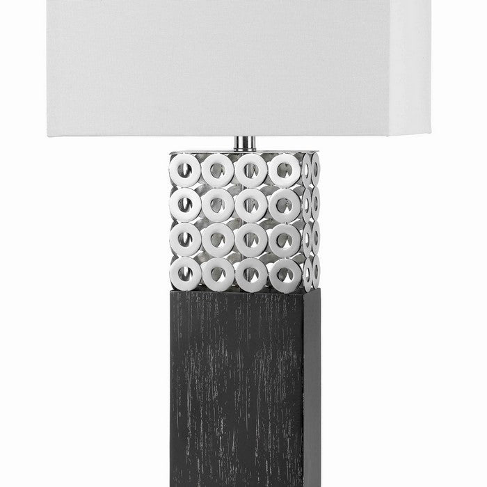 3 Way Rectangular Shade Table Lamp with Cut Out Metal Base,White and Chrome