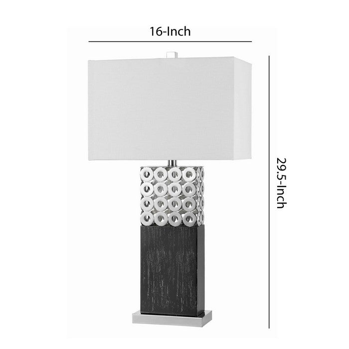 3 Way Rectangular Shade Table Lamp with Cut Out Metal Base,White and Chrome