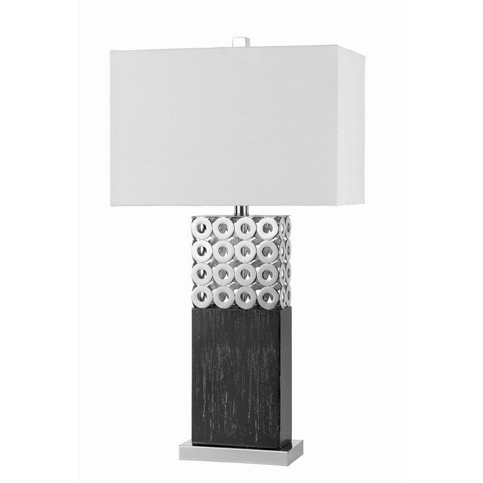 3 Way Rectangular Shade Table Lamp with Cut Out Metal Base,White and Chrome