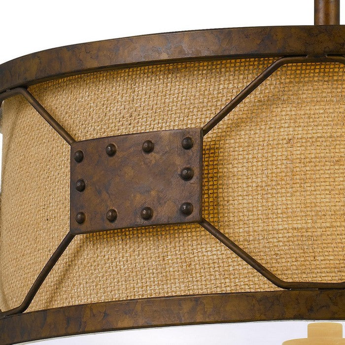 Metal Frame Drum Shade Pendant Fixture with Lattice Design, Rustic Bronze