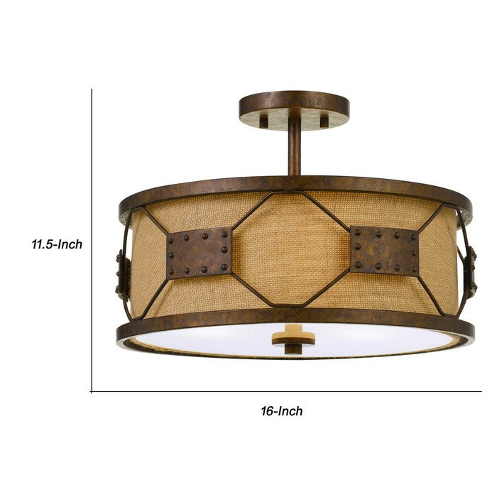 Metal Frame Drum Shade Pendant Fixture with Lattice Design, Rustic Bronze