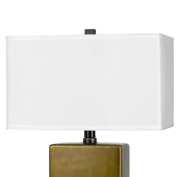 Rectangular Shade Table Lamp with Studded Ceramic Base, White and Brass