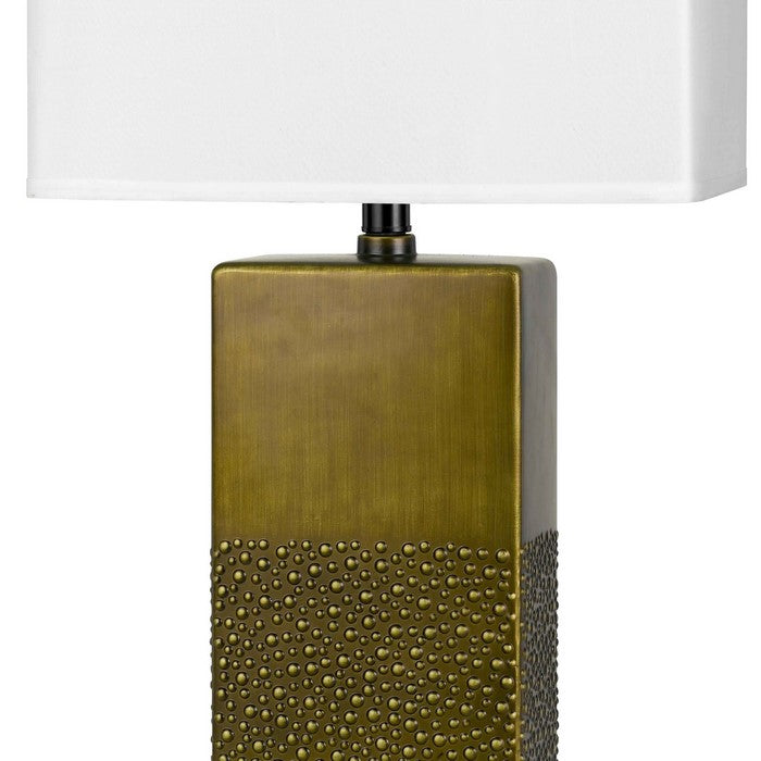 Rectangular Shade Table Lamp with Studded Ceramic Base, White and Brass
