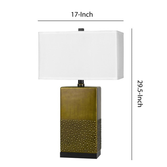 Rectangular Shade Table Lamp with Studded Ceramic Base, White and Brass