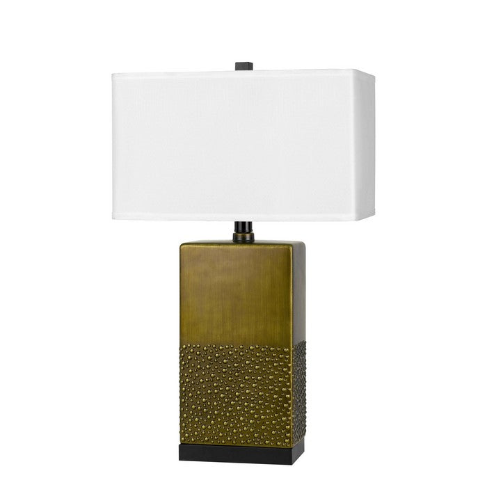 Rectangular Shade Table Lamp with Studded Ceramic Base, White and Brass