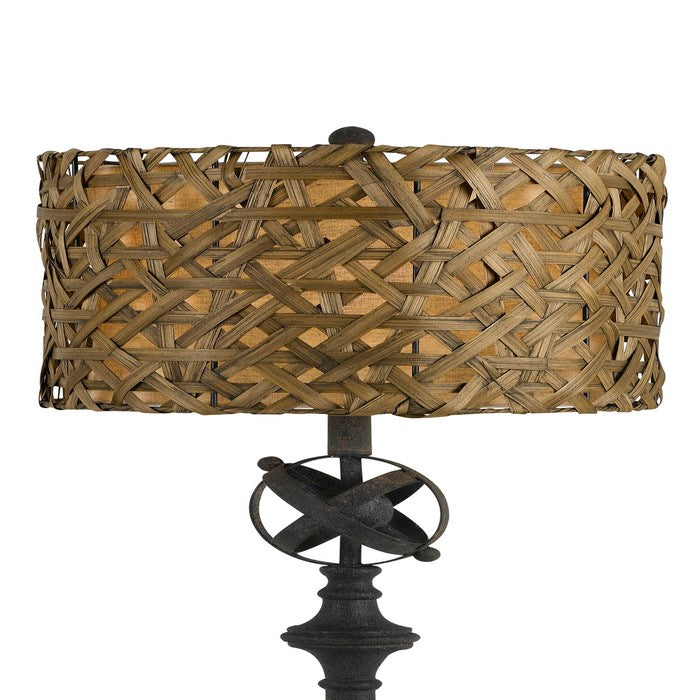 Metal Table Lamp with Woven Design Bamboo Shade, Brown and Black