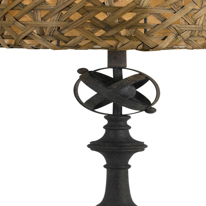Metal Table Lamp with Woven Design Bamboo Shade, Brown and Black