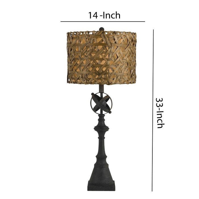 Metal Table Lamp with Woven Design Bamboo Shade, Brown and Black