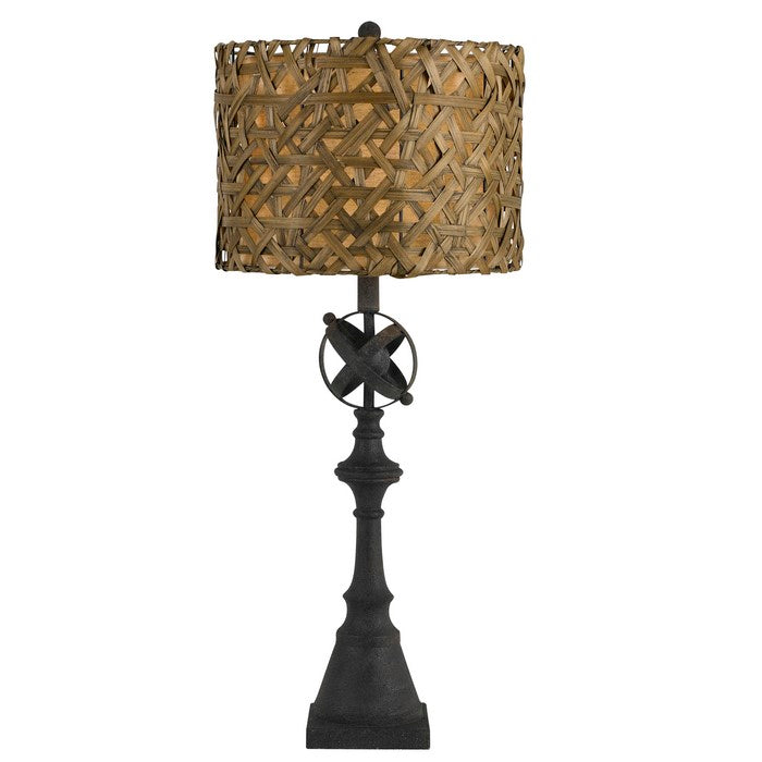 Metal Table Lamp with Woven Design Bamboo Shade, Brown and Black