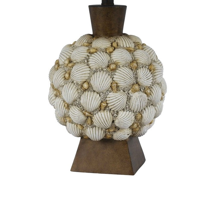 150 Watt Seashell Embellished Polyresin Table Lamp, Off White and Brown