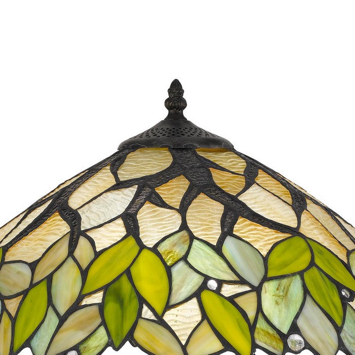 2 Bulb Tiffany Table Lamp with Leaf Design Glass Shade, Multicolor