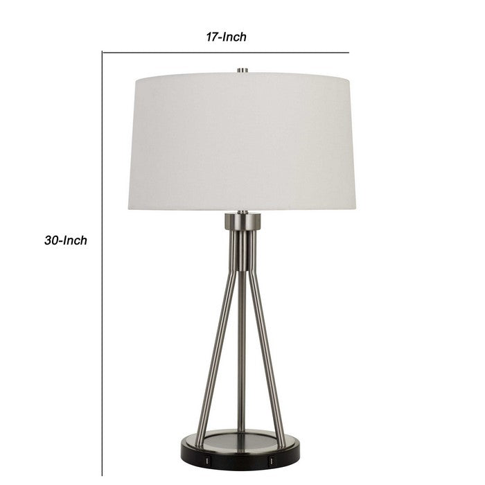 3 Way Table Lamp with Sleek Metal Body and Fabric Shade, Silver and White