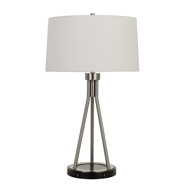 3 Way Table Lamp with Sleek Metal Body and Fabric Shade, Silver and White