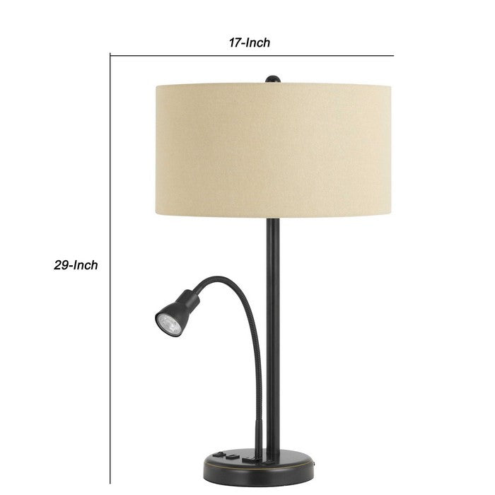 Metal Body Table Lamp with LED Gooseneck Reading Light, Black and Beige