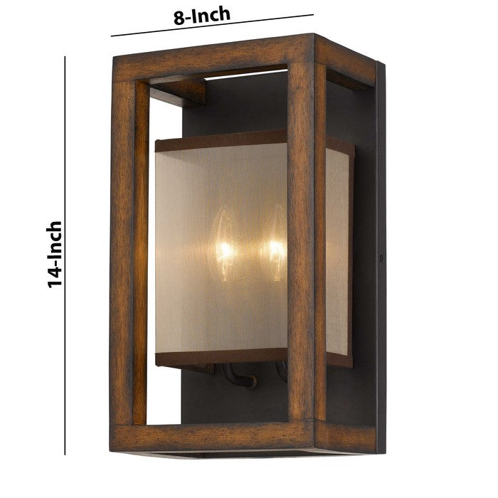 40 X 2 Watt Wooden Wall Sconce with Organza Shade, Walnut Brown