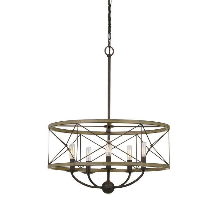Round Wooden Frame Pendant Fixture with Metal Lattice Design, Dark Bronze