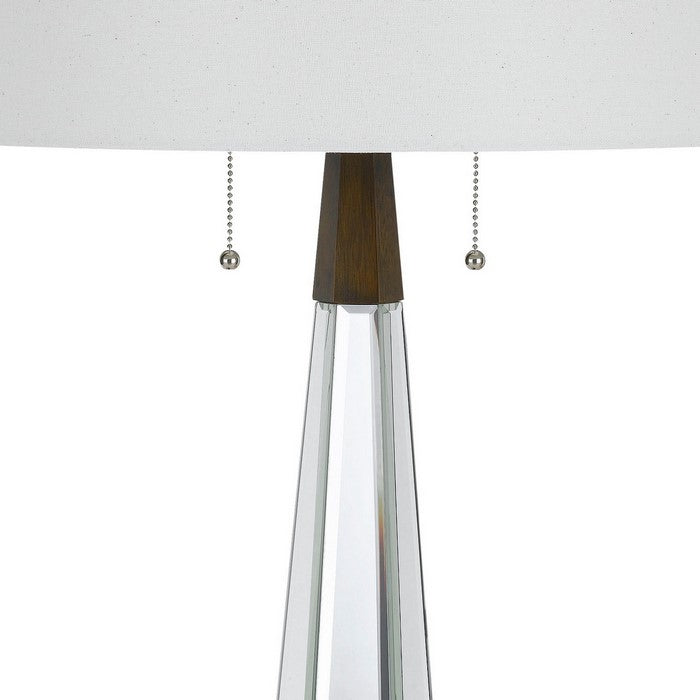 Fabric Shade Table Lamp with Faceted Mirror and Wooden Base, White
