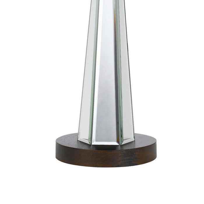 Fabric Shade Table Lamp with Faceted Mirror and Wooden Base, White