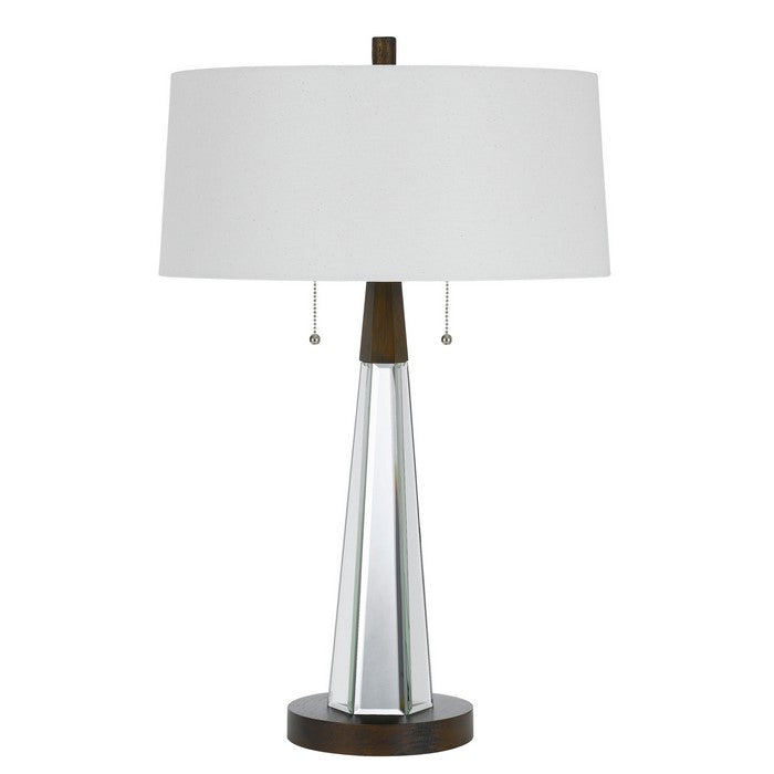 Fabric Shade Table Lamp with Faceted Mirror and Wooden Base, White