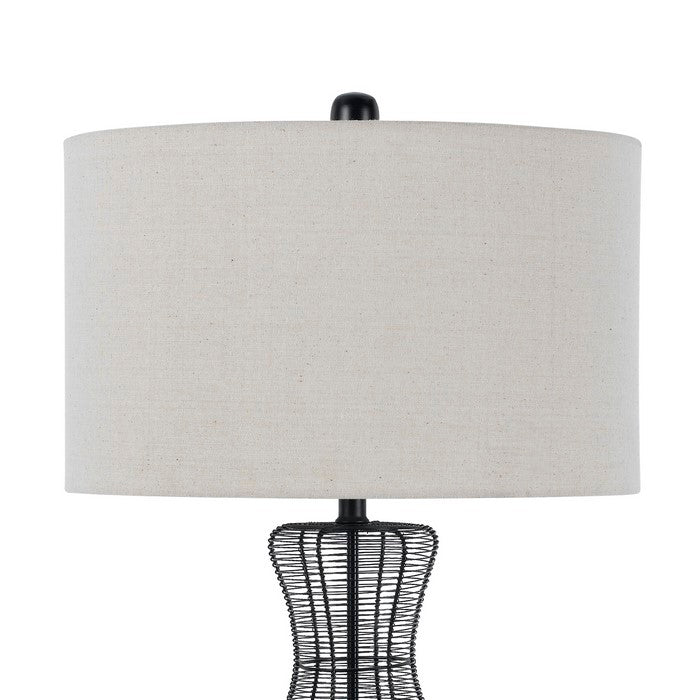 Round Shade Table Lamp with Bellied Wicker and Metal Base, White and Black