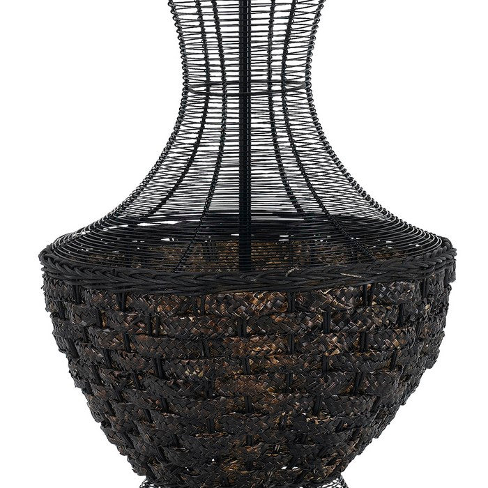 Round Shade Table Lamp with Bellied Wicker and Metal Base, White and Black