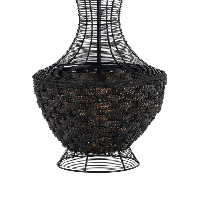 Round Shade Table Lamp with Bellied Wicker and Metal Base, White and Black
