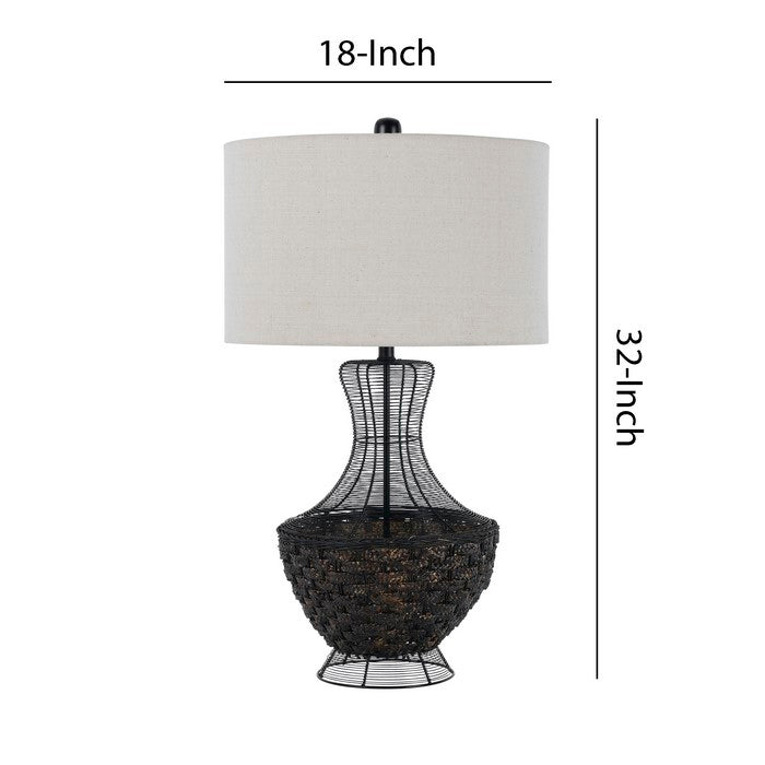 Round Shade Table Lamp with Bellied Wicker and Metal Base, White and Black