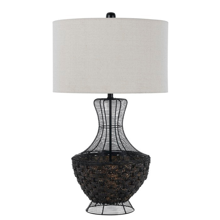 Round Shade Table Lamp with Bellied Wicker and Metal Base, White and Black