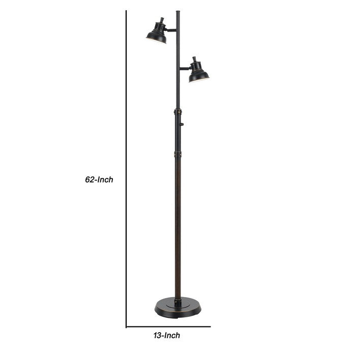 Metal Floor Lamp with 2 Shade and Stalk Support and Round Base, Dark Bronze