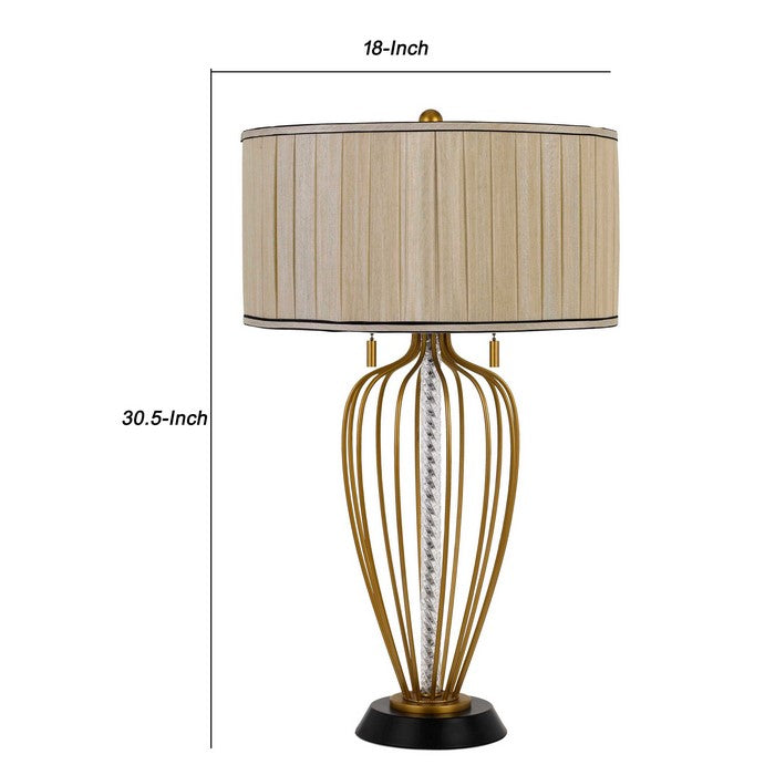 Pleated Drum Shade Table Lamp with Caged Urn Style Base, Black and Gold