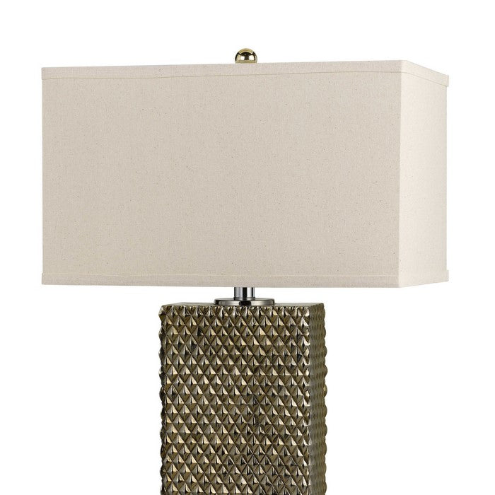 3 Way Table Lamp with Studded Diamond Pattern Ceramic Base, Cream and Gold