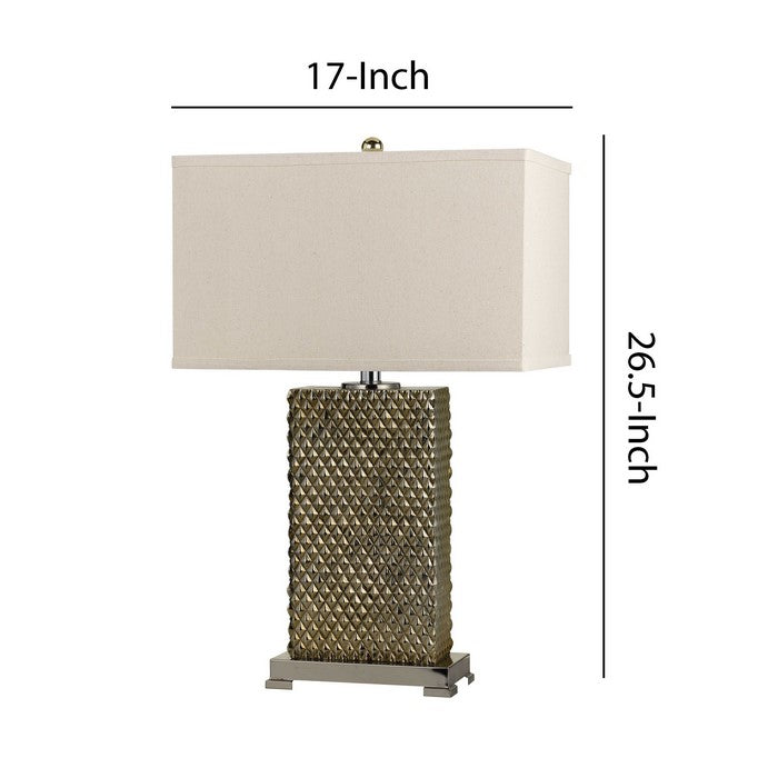 3 Way Table Lamp with Studded Diamond Pattern Ceramic Base, Cream and Gold