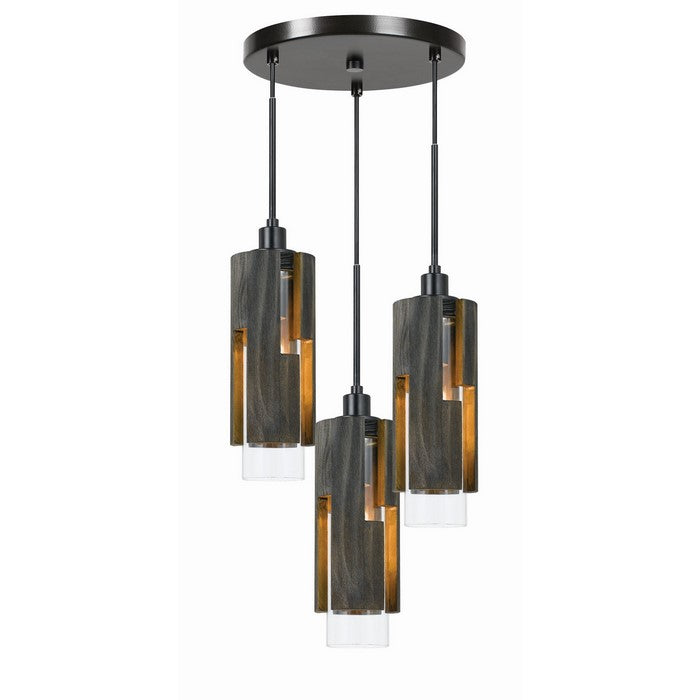 60 X 3 Watt Metal Pendant Fixture with Wood and Glass Shade, Black