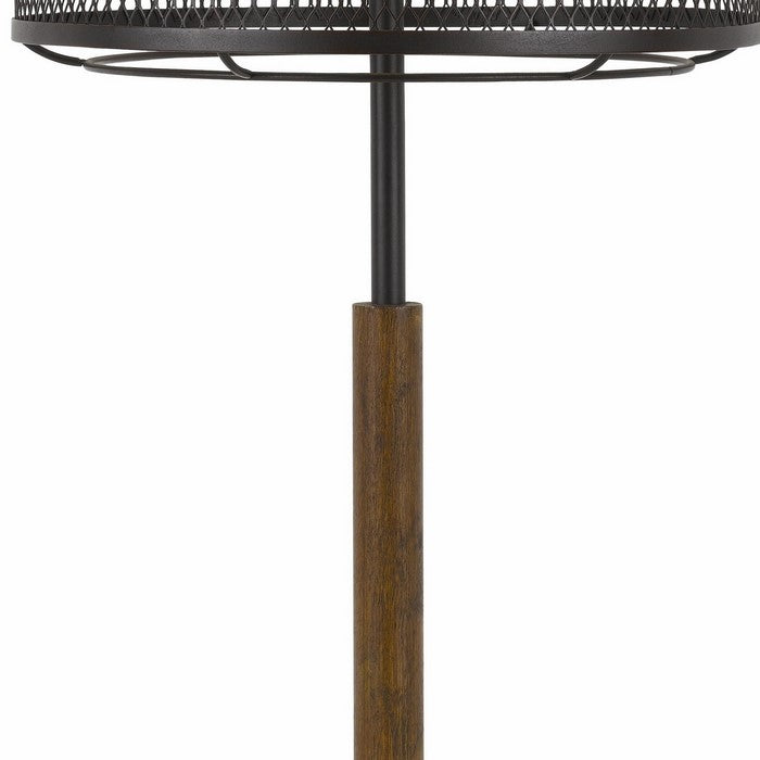 Mesh Metal Round Shade Table Lamp with Wooden Stand, Black and Brown