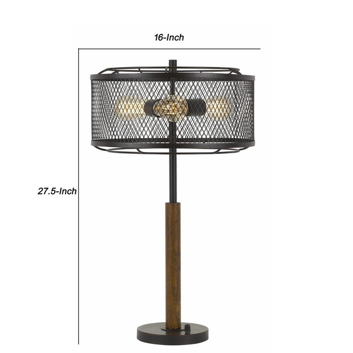 Mesh Metal Round Shade Table Lamp with Wooden Stand, Black and Brown