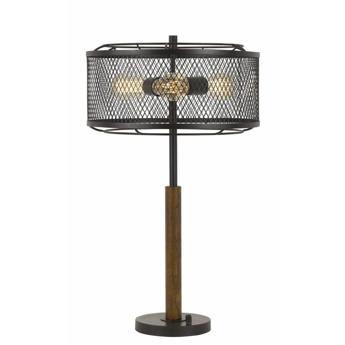 Mesh Metal Round Shade Table Lamp with Wooden Stand, Black and Brown