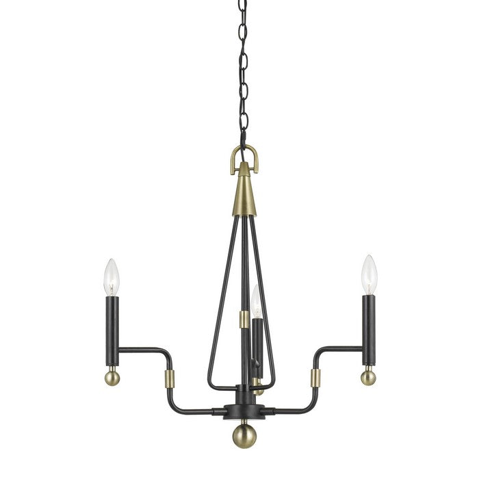 Tri Pillar Metal Frame Chandelier with Ball Accent,Black and Antique Brass